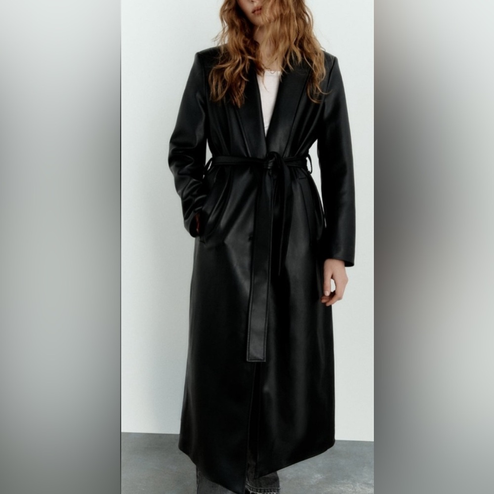 Zara Black Faux Leather Trench Coat